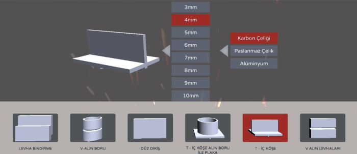 Schweißsimulator Bildschirm zur Teileauswahl