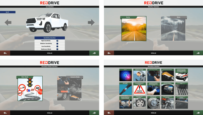 The car driving simulator used and an example, indicated by a red